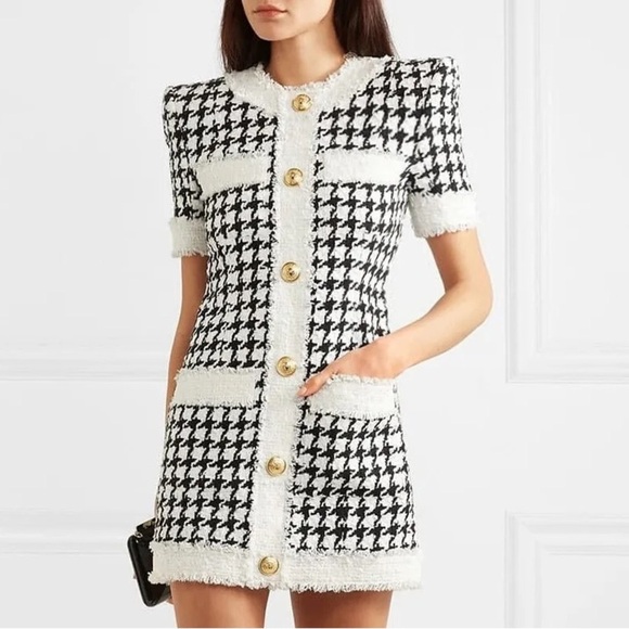 SHEIN size XS, Elegant Black and White Houndstooth Dress, mini, fitted, zipper - Picture 1 of 8